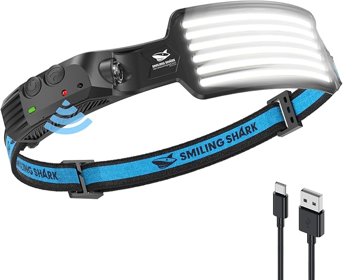 Smiling Shark Rechargeable Headlamp, 230°Wide Angle 6*White Light The Brightest LED Head Lamp Waterproof Headlight for Camping Hiking Outdoor, Head-Lamp-LED-Frontale-Rechargeable