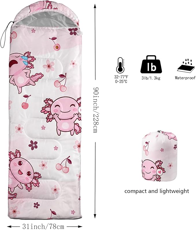 QOOMO Axolotl Cute Camping Sleeping Bags,3 Season Warm & Cool Weather,Lightweight,Waterproof Sleeping Bags for Adults & Kids,Traveling,and Outdoors