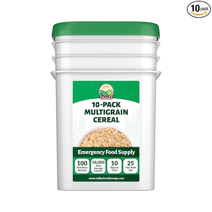 Valley Food Storage Multigrain Dried Cereal | 10-Bag Bucket, 100 Servings | Premium Emergency Food Supply, 25 Year Shelf Life | Survival Breakfast Food for Camping, Prepper Storage & Off-Grid Living