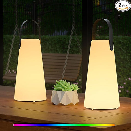 2 Pack Outdoor Lamps, NiceBuy Rechargeable Outdoor Lanterns Table Lamp with IP44 Waterproof, Battery Operated Portable Hanging Cordless Outdoor Lamp RGB Colors for Patio Camping Balcony Porch