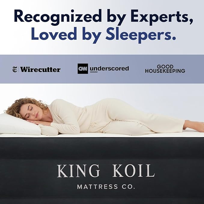 King Koil Luxury Camping Air Mattress Queen Size with Built-in Pump, Portable Travel Airbed, Waterproof Durable Inflatable Double High Blow Up Bed, 1-Year Warranty Manufacturer Warranty