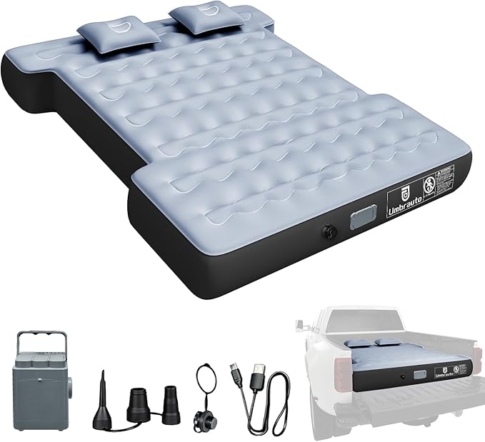Umbrauto Camping Air Mattress for 6-6.5ft Full Size Truck Bed with Wireless Rechargeable Built-in Pump, Inflatable Pickup Truck Airbed for Outdoor Travel, Sleeping Pad with Pillows, Carry Bag