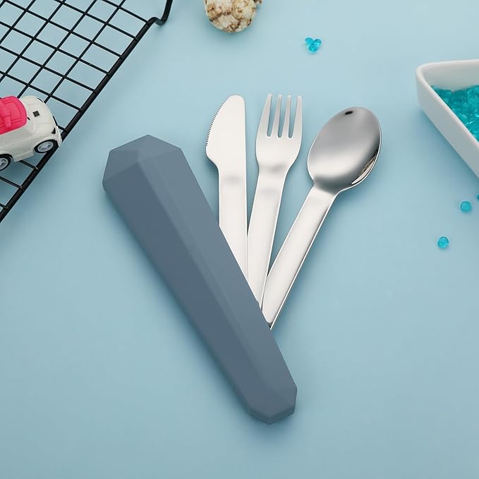 Utensils for Lunch Box Accessories, DEVICO Travel Silverware Set with Case, Camping Flatware Include 18/8 Stainless Steel Knife Fork and Spoon Set, Reusable Portable Cutlery Set for School (Blue)