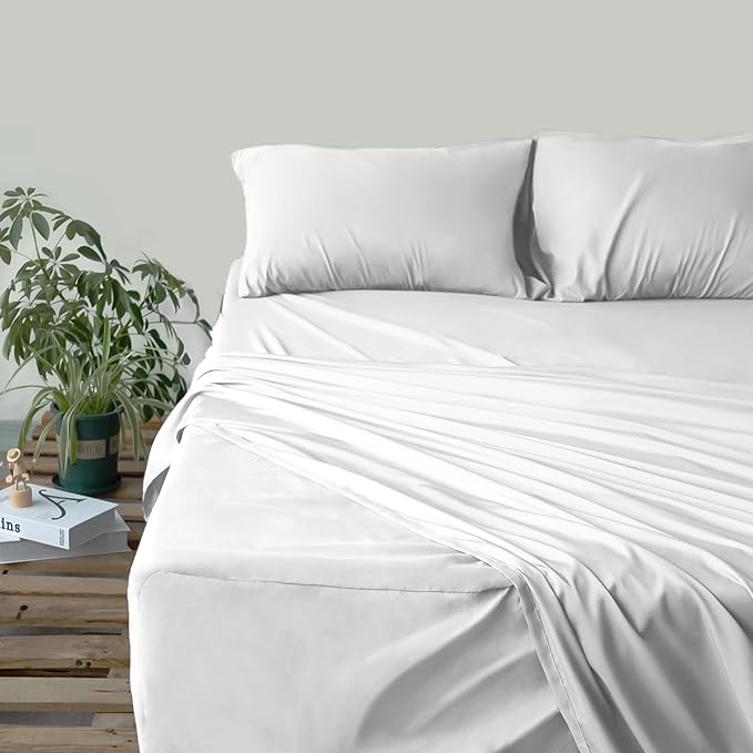King Size Sheets Set Deep Pocket - 4 Piece Extra Soft King Bed Sheets - Side Storage Pocket Fitted Sheet & Pillowcase & Flat Sheet - Easily Fits 16in to 24in Pillow Top Air Bed Mattress - White