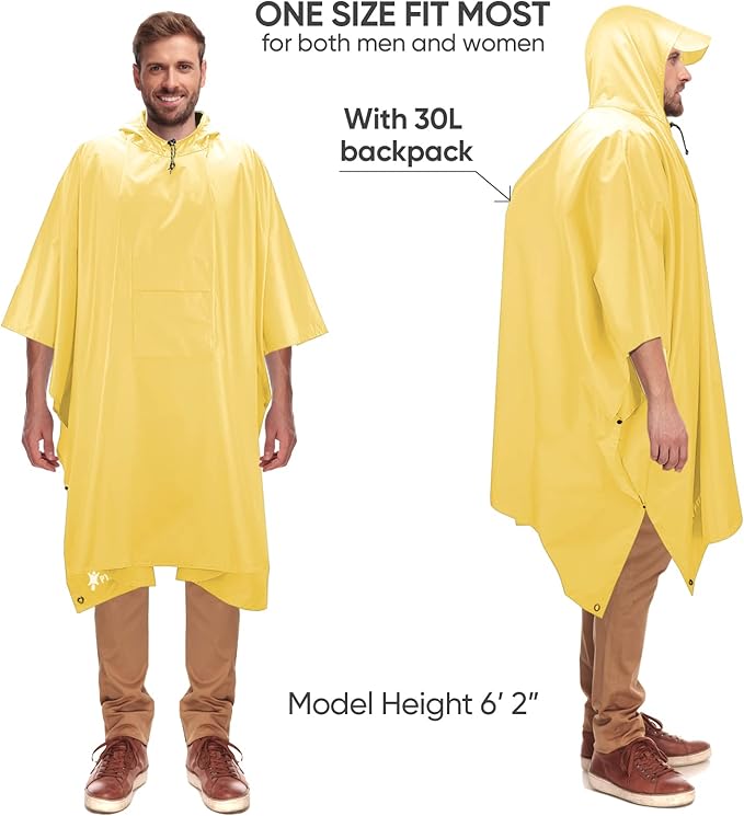 PTEROMY 3-in-1 Hooded Rain Poncho for Adult with Pocket, Waterproof Lightweight Unisex Raincoat for Hiking Camping Emergency