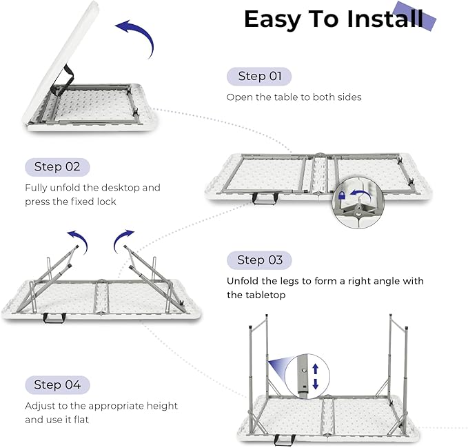 Byliable Folding Table 4 Foot Portable Heavy Duty Plastic Fold-in-Half Utility Table Small Indoor Outdoor Adjustable Height Folding with Carrying Handle, Camping and Party,White | Portable, Heavy Duty, Fold-in-Half, Indoor Outdoor, Adjustable Height, F...