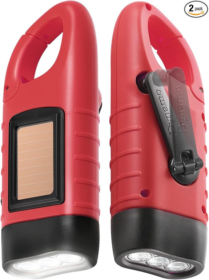Simpeak 2-Pack Hand Crank Solar Powered LED Flashlight, Emergency Survival Flashlight with Dynamo Carbiner for Outdoor Sports, Red