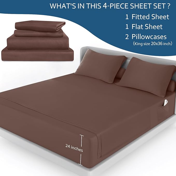 Moonsea Cal King Sheet Set - 4 Piece California King Sheet Sets - Extra Deep Pocket Hotel Luxury California King Sheets Fade Resistant Fits up to 24in Cal King Bed Mattress - Brown