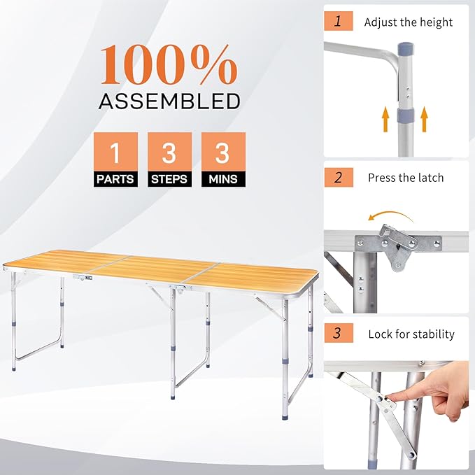 Outvita 6ft Portable Folding Camping Table, Outdoor Waterproof Adjustable Height Table, Aluminum Lightweight Suitcase Foldable Table for Picnic BBQ Beach Dining