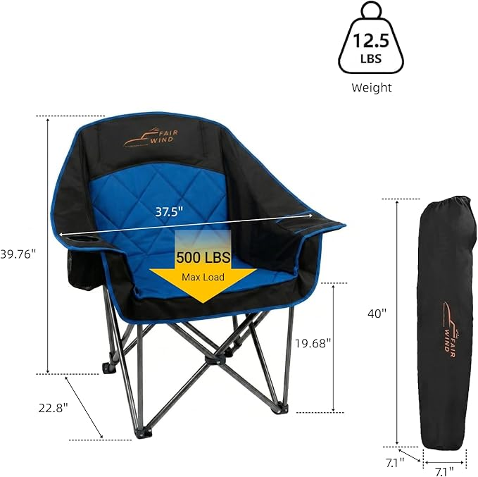 FAIR WIND Oversized Padded Camping Chair Heavy Duty Quad Fold Arm Chair Portable for Outdoor - Support 500LBS, Blue