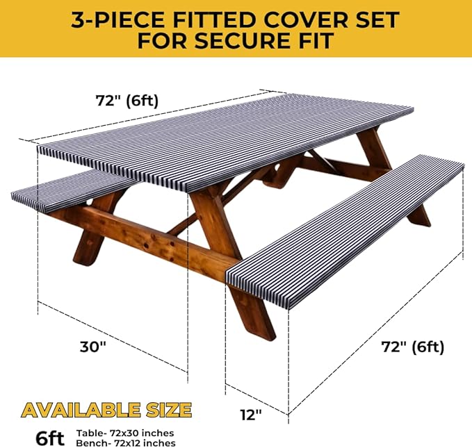 RNOONY 8ft Polyester Picnic Table Cover with Bench Covers Windproof & Waterproof Tablecloth, Perfect Camping Gifts, RV Essentials, Cool Camping Gadgets, Carrying Bag, 96x30 Inches 4Pcs Blue Stripes
