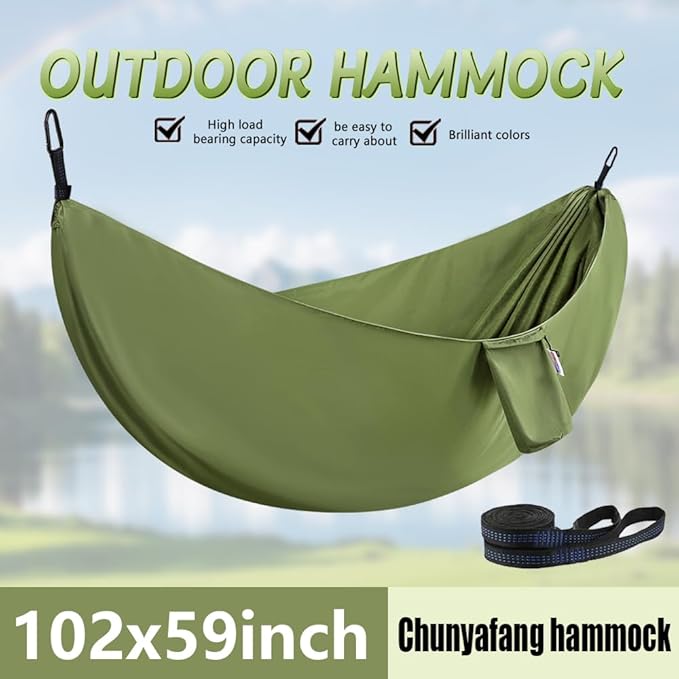Camping Hammock, Portable Hammocks with Tree Straps & Attached Carry Bag, Travel Tree Hammocks for Outside Indoor Hiking Beach Backpack Travel(Green, Polyester Pongee)