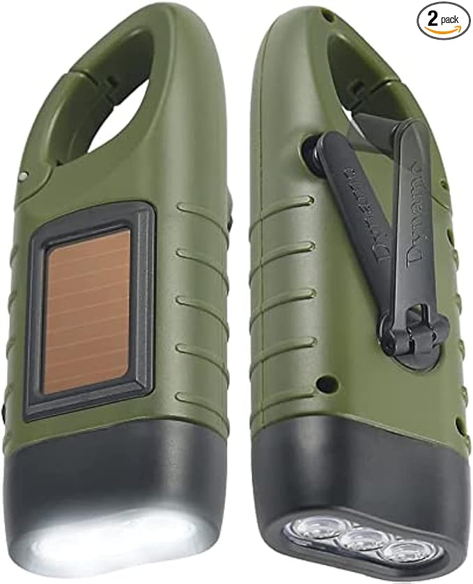 Simpeak 2-Pack Hand Crank Solar Powered Flashlight, Emergency Rechargeable LED Survival Flashlight, Quick Snap Carbiner Dynamo Flash Light Torch for Outdoor Sports, Green
