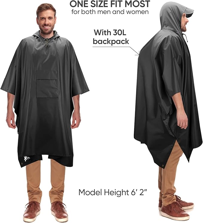 PTEROMY 3-in-1 Hooded Rain Poncho for Adult with Pocket, Waterproof Lightweight Unisex Raincoat for Hiking Camping Emergency
