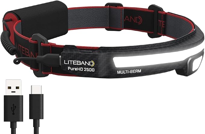 LITEBAND PRO Multi-Beam Rechargeable LED Headlamp, 2500 Lumens, 210° Wide Beam + Focused Spot, PureHD High CRI Light, Hard Hat Compatible, Professional No-Bounce Fit, IPX5 Weather Resistant, Carbon