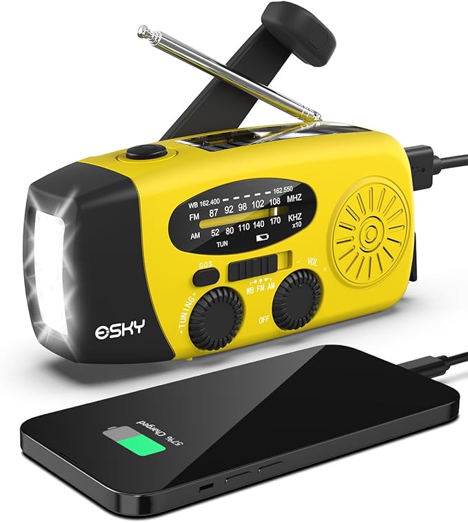 Esky Emergency Hand Crank Radio with 3 LED Flashlight, AM/FM/NOAA Portable Weather Radio with 2000mAh Rechargable Battery, Solar Powered USB Charged Radio for Indoor Outdoor Camping, SOS Alarm