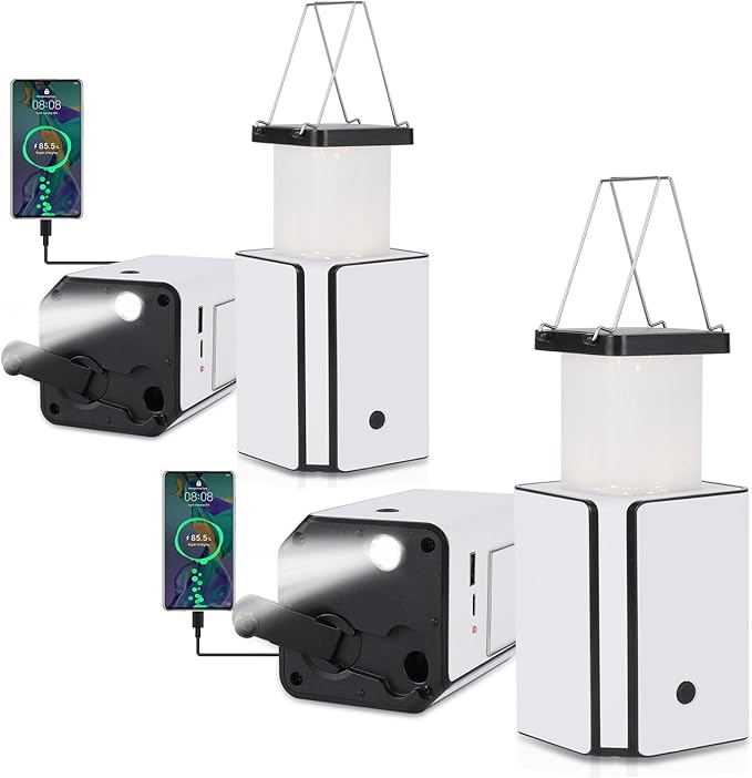 2Pack Solar LED Rechargeable Emergency Camping Lantern,White Solar Rechargeable,Rechargeable Type C,Emergency Lights Hand-Crank Power Generation,Phone Power Supply Function,flashlights
