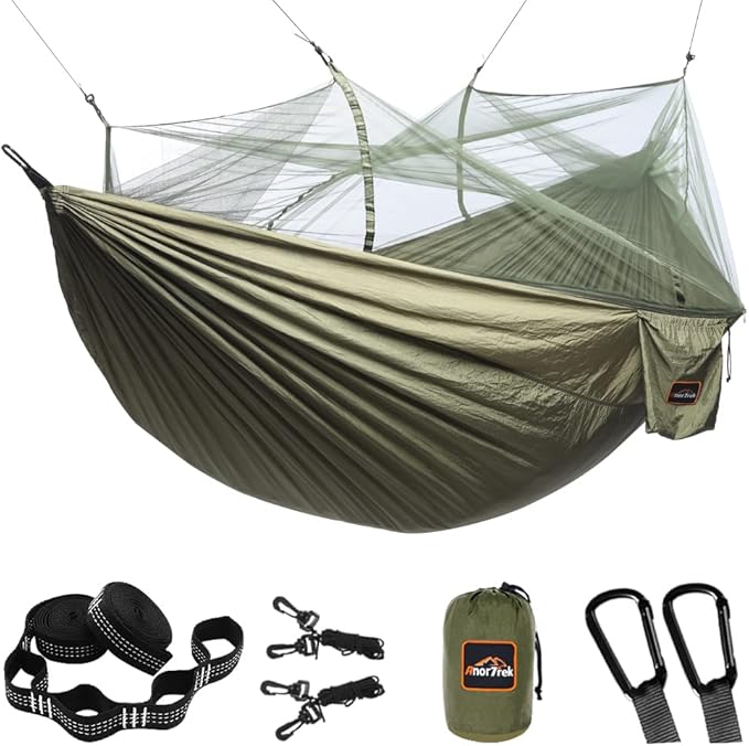 AnorTrek Camping Hammock with Mosquito Net, Double & Single Lightweight Portable Hammocks with Tree Straps, Parachute Hammock for Camping, Backpacking