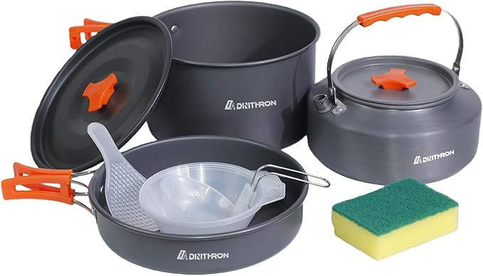 Camping Cookware Set Silicone Handle 10-Piece Lightweight Backpacking Pots and Pans Set, Compact Nesting Camping Cooking Set with Folding Handle for Hiking Family Camping & Outdoor Picnic