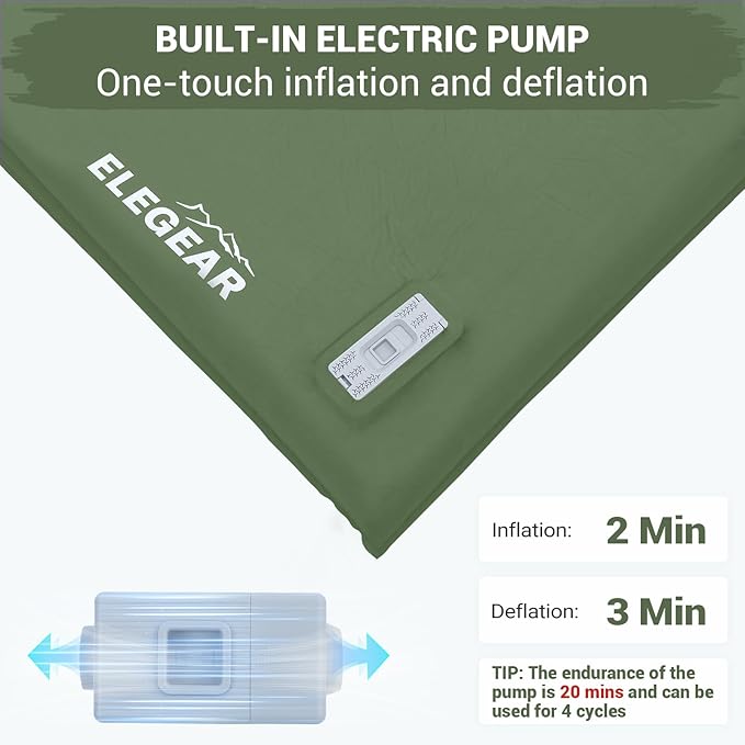 Elegear CumbreX™ Self Inflating Sleeping Pad, Built-in Electric Pump 3.15" Ultra-Thick Memory Foam Camping Mattress Pad with Pillow Double Sleeping Pad for Camping R-Value 9.5 Foam Camp Pad - Queen