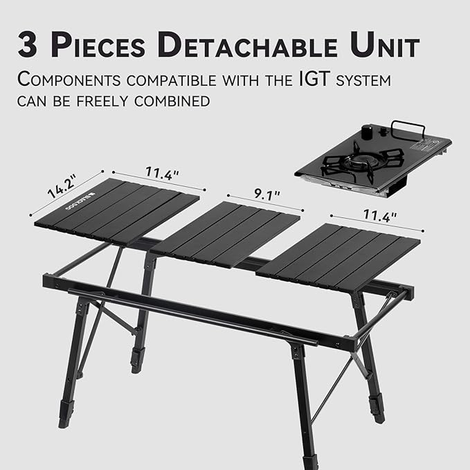 BLACKDOG IGT Camping Table Lightweight Folding Portable Cook System with Adjustable Height, Outdoor Camp Aluminum Table with Detachable 3 Units for Picnic BBQ Backyards Beach