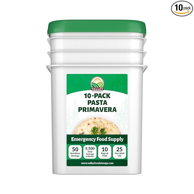 Valley Food Storage Pasta Primavera | 10-Bag Bucket, 50 Servings | Non-GMO Premium Emergency Food Supply, 25 Year Shelf Life | Survival Meal Kits, Prepper Food & Off-Grid Living Supplies, Packaged in USA