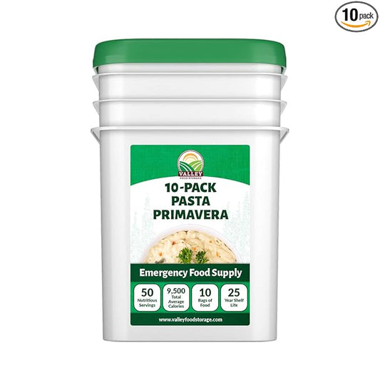 Valley Food Storage Pasta Primavera | 10-Bag Bucket, 50 Servings | Non-GMO Premium Emergency Food Supply, 25 Year Shelf Life | Survival Meal Kits, Prepper Food & Off-Grid Living Supplies, Packaged in USA