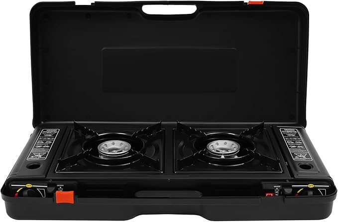 Portable Camping Stove｜24,000 BTU Dual Burner Gas Grill w/Removable Case｜Compact 24.8" Outdoor Cooker for RV Tailgating｜Stainless Steel 2-Burner Butane & LPG Stove (w/Grill Tray)