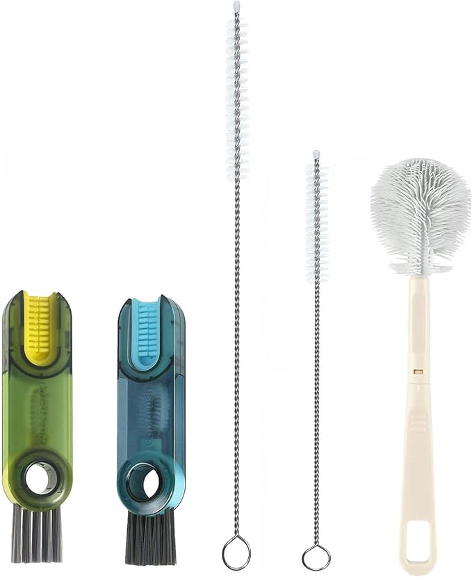 4-Pack Water Bottle Brush Set,9.5'Long Handle Silicone Water Bottle Cleaning Brush,2 Straw Brushes,2(3-in-1) Cup lid Cleaner Brushes for Water Bottles,Baby Bottles,Straw Brushes White(Blue-Black)