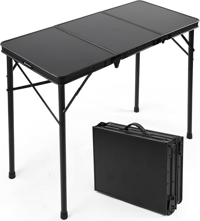 E EASTSTORM 3ft Folding Camping Table, Folding Table with 3 Adjustable Height, Portable Table with Handle, for Outdoor, Backyard, BBQ, Picnic, Cooking, RV, fits 2–4 People, Black