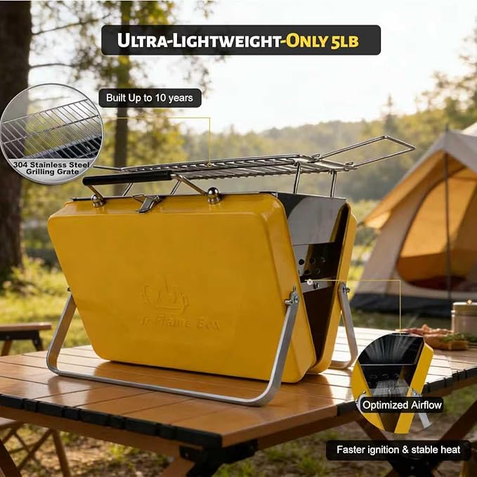 Ranger Portable Charcoal Grill – Compact Lunchbox‑Style Folding BBQ for Camping & Beach| Dual‑Zone Heating, Stainless Steel Body, 3-sec Setup, Includes Tong & Cleaning Brush, Serve 2-3 people