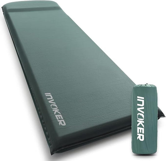 INVOKER 3.15" Self Inflating Camping Sleeping Pad, Ultra-Thick Elasticity Foam Fast Inflating 4-Season Insulated Durable Camping Mat Air Mattress with Pillow, for Tent, Car, Camping, Traveling, Green