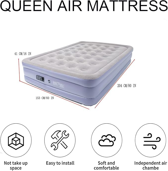 Onirii Queen Air Mattress Bed with Built in Pump,16 Inches High Queen Airbed Inflatable Mattress,Comfort Thickened Blow Up Air Mattress,Travel Sleeping Pad for Guests Home(Queen Size)