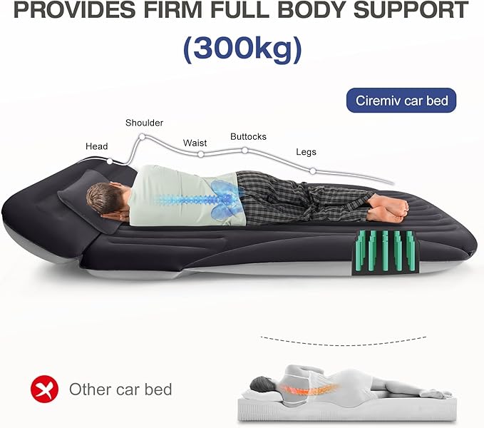 Ciremiv SUV Air Mattress, Double-Sided Thick Flocked Car Air Mattress with Built-in Pump & Pillow, Complete Sleeping Accessories for Auto Camping & Road Trips（Blue Black）