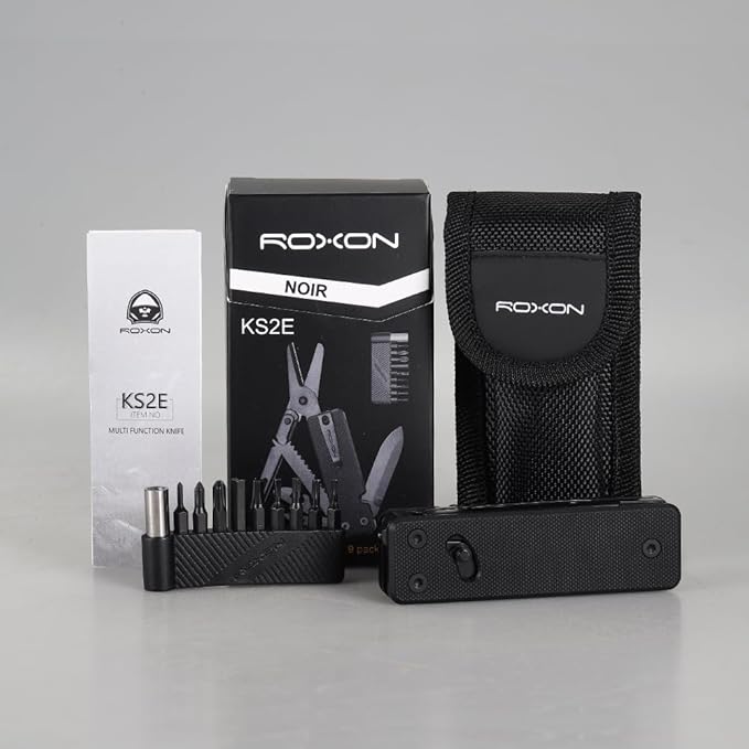 Roxon KS2E Noir Elite D2 Blade 13 in 1 Mini Multi Tool function pocket knife with big scissor, G10 handle and Pocket clip, good for Camping/Backpacking/Emergencies/EDC Multitool (D2 Steel Blade)