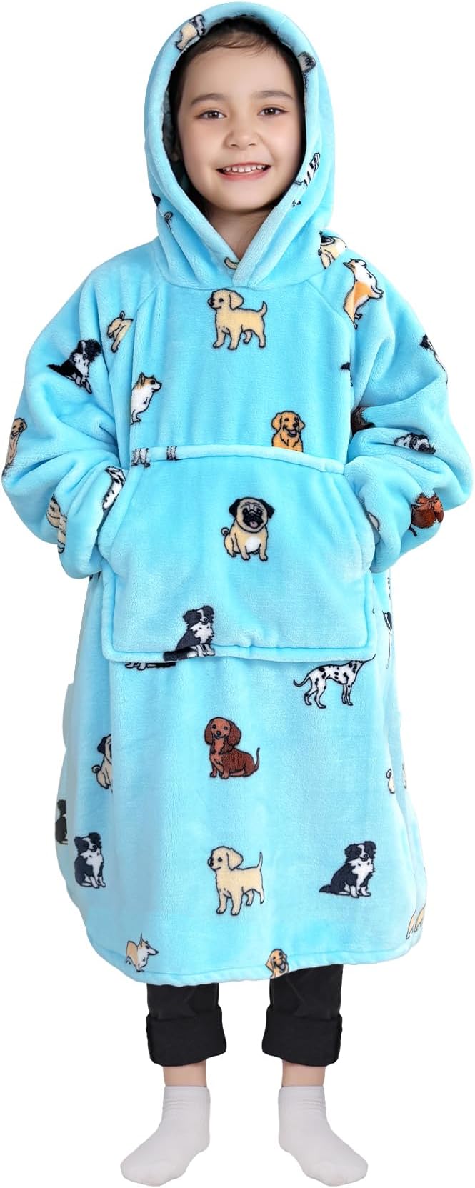 Waitu Wearable Blanket for Kids, Wearable Blanket Hoodie Gifts for Teens Girls and Boys, Warm Blanket Sweatshirt for Teenage, Hoodie Blanket with Sleeves - Light Blue