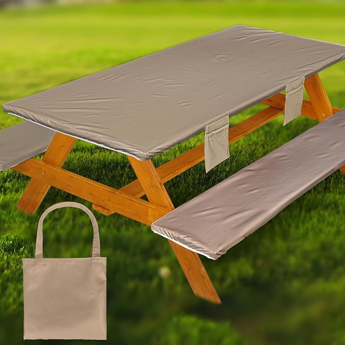 Picnic Table Cover with Bench Covers Vinyl Elastic Edges Fitted Rectangle Seat Tables Waterproof 3-Piece72X30in Set Outdoor Rectangular Folding Backing Tablecloth for Camping Over Size