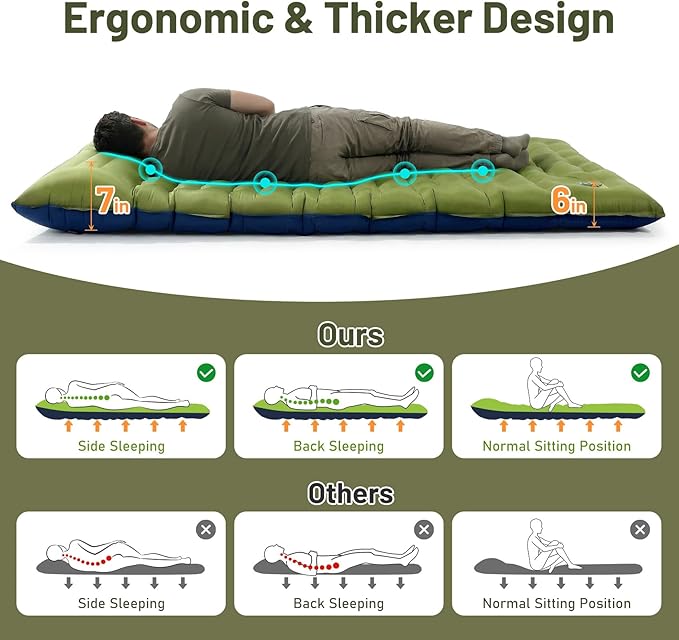 KASBAH Double Inflatable Camping Sleeping Pad,Thick 6 inch 2 Person Ultralight Sleeping Mat with Built-in Foot Pump and Pillow,Camping Essentials for Hiking,Backpacking,Traveling, Tent