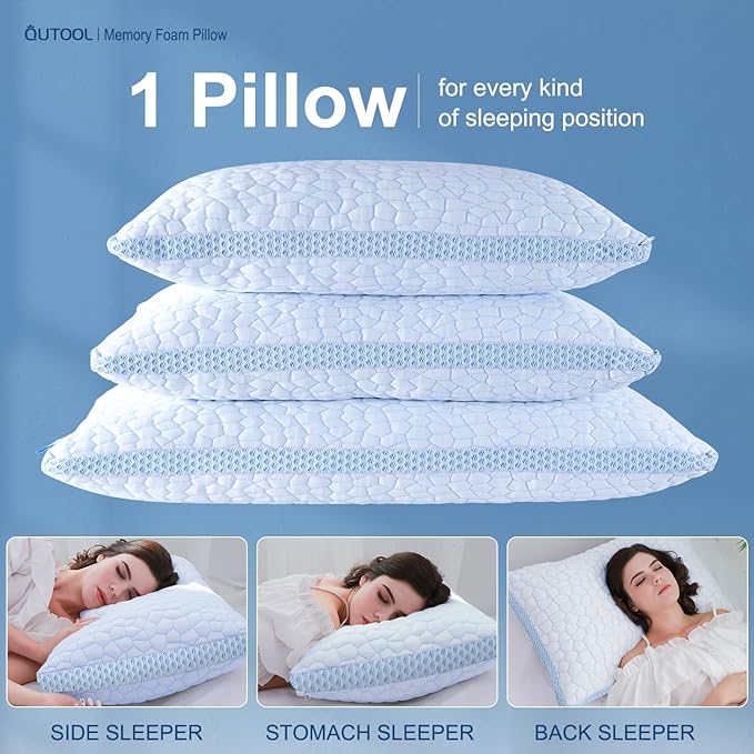 QUTOOL Enhanced Cooling Pillows for Sleeping, CertiPUR-US Shredded Memory Foam Pillows Standard Size Set of 2 for Hot Sleeper, Adjustable Pillow for Side, Back, Stomach Sleepers Support Yet Soft, Blue