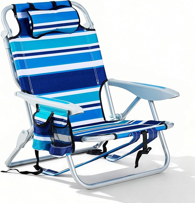 Portable Beach Chair for Adults, Outdoor Camping Chair Lay Flat Folding Backpack Beach Reclining Chair with 5 Positions, Headrest, Cup Holder, Heavy Blue Striped