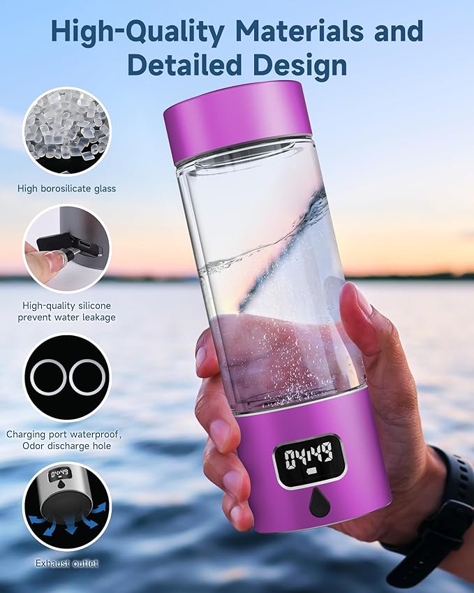 340ml Portable Hydrogen Water Bottle Generator with PEM-SPE Technology, Glass Exterior & Aluminum Shell, Produces 5000 ppb Hydrogen in 10 Minutes, for Home, Gym, Office & Travel