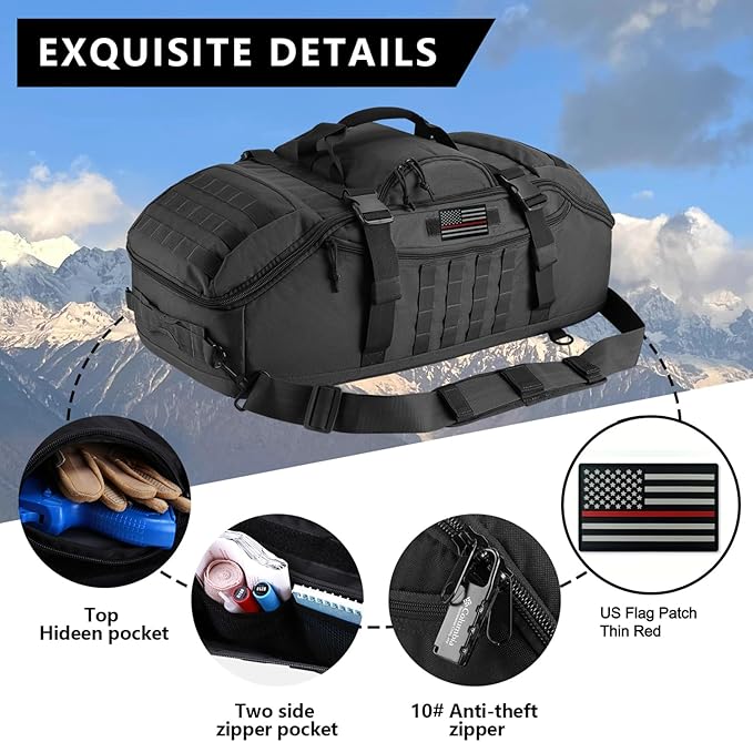 Hannibal Tactical 65L Large Duffle Bag, 3-in-1 Tactical Backpack MOLLE Pack for Workout, Sports, Gym, Outdoor, Black Red Patch
