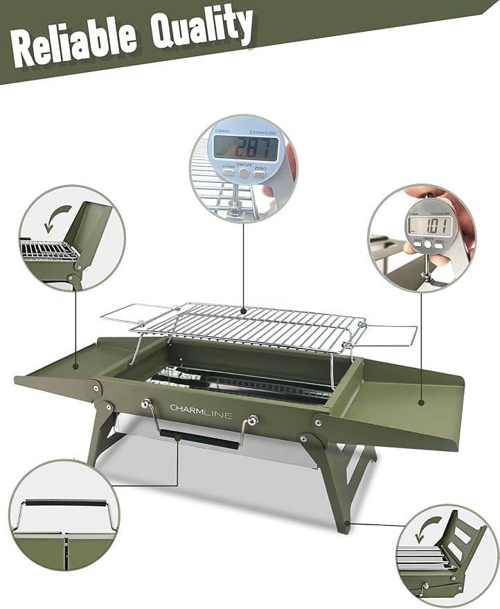 Charmline 14 x 9 inches Portable Charcoal BBQ Grill, Foldable Compact Camping Barbecue for 1–3 People, Ideal for Garden, Beach, Picnic & Tabletop Use, Green