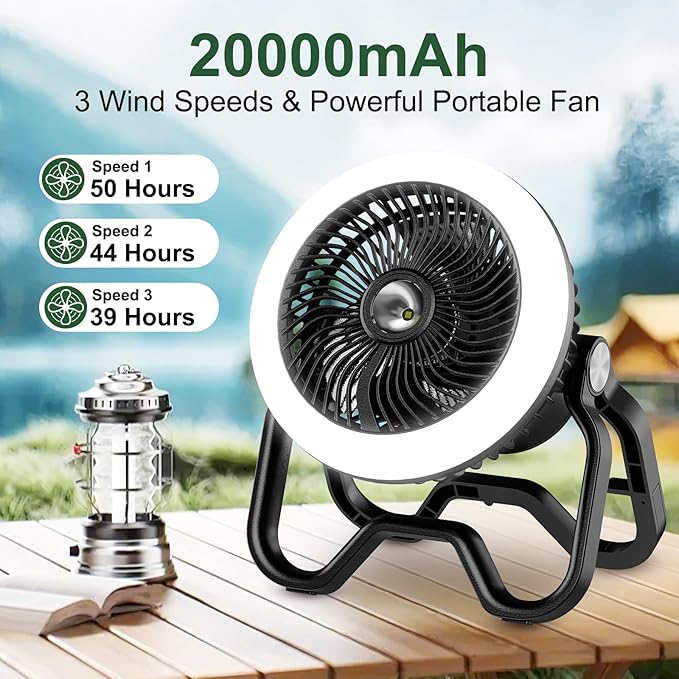 Portable Fan Rechargeable Camping Lantern-40Hrs,20000mAh Cordless Battery Operated Oscillating Fan with Remote,Hanging Hook and Magnetic Base, 3 Speeds for Tents, Outdoor, RV, Outage