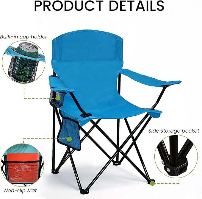 Folding Camping Chair with Cup Holder & Side Storage Bag 300lbs Capacity Lightweight High Back Portable for Beach, Picnic, Sport, Blue