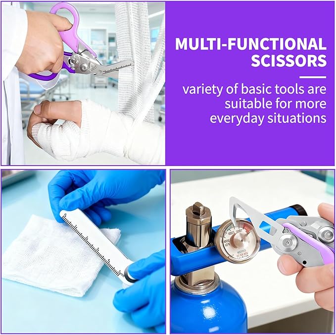 Folding Trauma Shears for EMT Accessories, 6 in 1 Multi-function Medical Shears with Holster for Outdoor Camping, Emergency Rescue, First Responders (Purple)