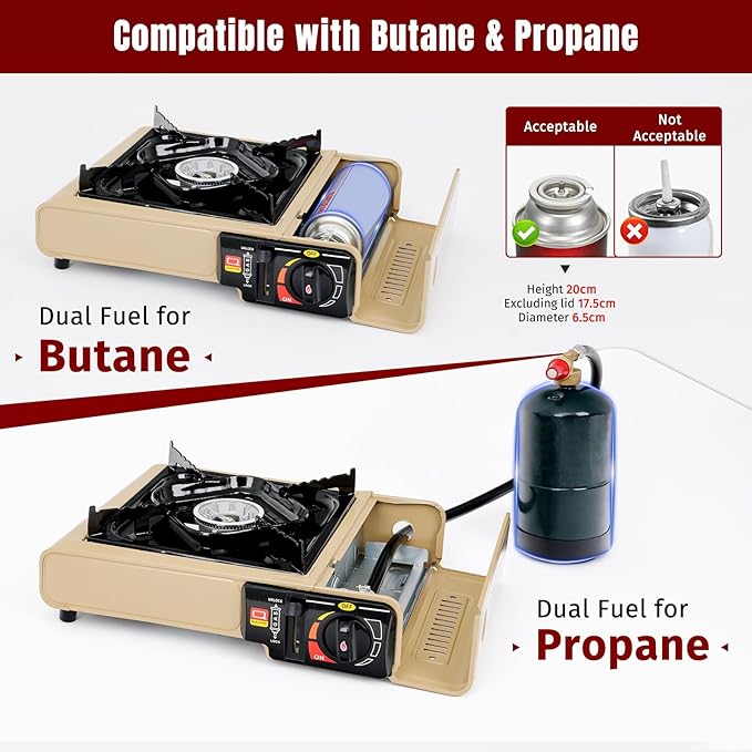 SHINESTAR Dual Fuel Camping Stove with Butane & Propane Compatibility, Portable Stove for Outdoor Cooking, Propane Adapter Hose, Wind Guard and Carrying Case Included (Fuel Not Included)