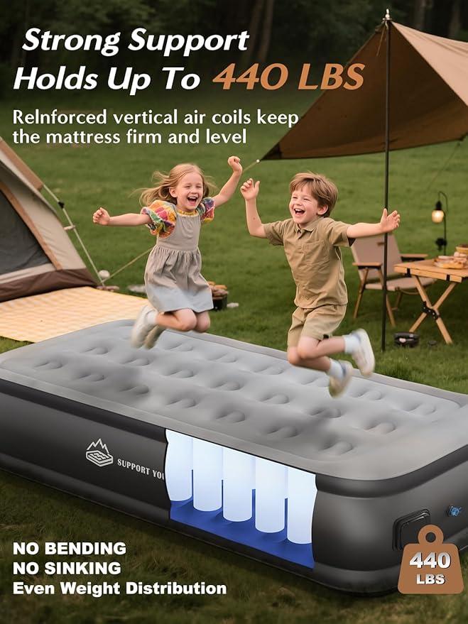 JUITOY Twin Air Mattress with Built in Pump, 18" Upgraded One-Touch Inflatable Airbed for Home, Camping Guests, Portable Blow Up Mattress, 440lbs Capacity