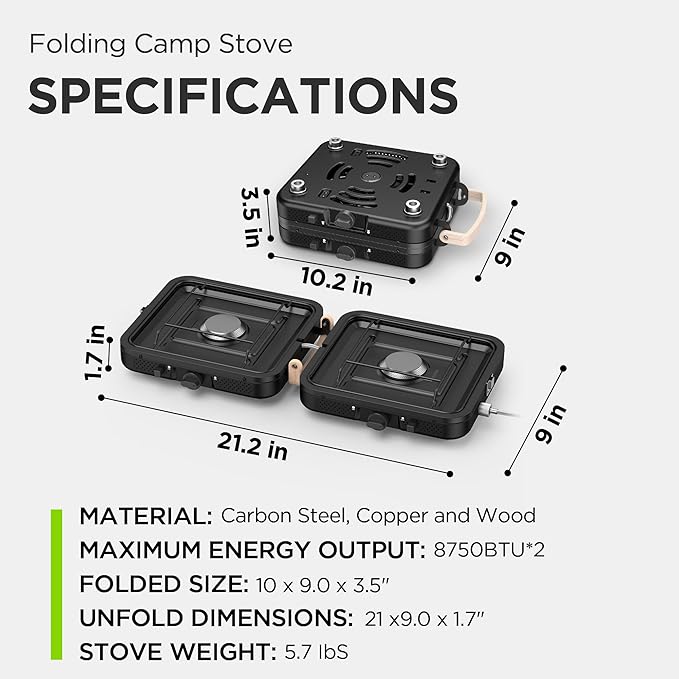 Propane Gas Stove, 17500 BTU, 2 Burner Folding Portable Camping Stove with Carrying Bag, Built to Last, Camp Stove for Camping, Car Travel, Yard Parties, Outdoor Cooking, Backpacking Grill Propane