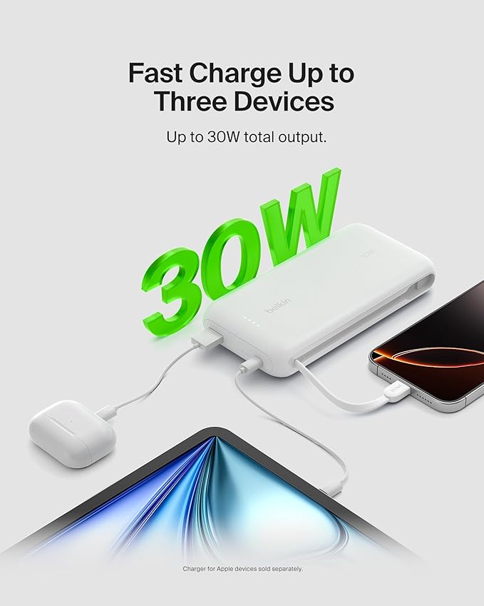Belkin Power Bank with Integrated Cable, Fast Charging USB-C, 20000 mAh 30W, Portable Charger Power Bank USB C for iPhone 17, Air, Pro, Pro Max, iPad, AirPods, Apple Watch, Galaxy S25, & More - White